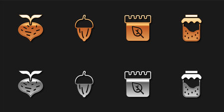 Set Beet, Acorn, Calendar with autumn leaves and Jam jar icon. Vector.のイラスト素材
