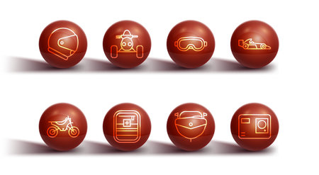 Set line Helmet Mountain bike Formula 1 racing car Speedboat First aid kit ATV motorcycle Action extreme camera and Ski goggles icon. Vector.のイラスト素材