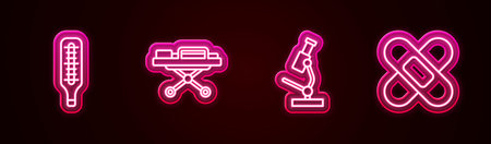 Set line Medical thermometer, Stretcher, Microscope and Crossed bandage plaster. Glowing neon icon. Vector.のイラスト素材