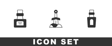 Set Bottle with potion Sword in the stone and icon. Vector.のイラスト素材