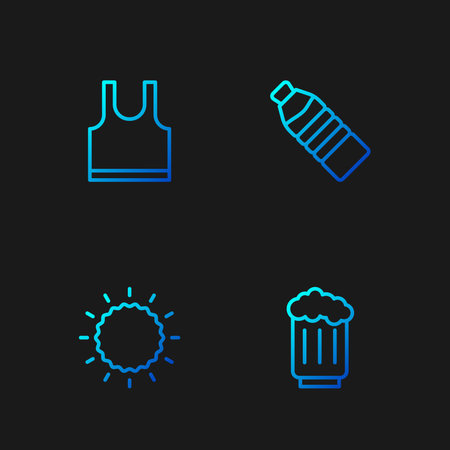 Set line Wooden beer mug, Sun, Sleeveless T-shirt and Bottle of water. Gradient color icons. Vector.のイラスト素材