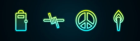 Set line Police assault shield, Barbed wire, Peace and Torch flame. Glowing neon icon. Vector.のイラスト素材