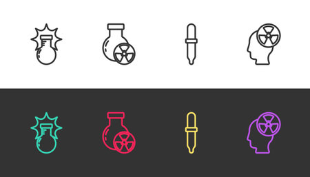 Set line Chemical explosion, Test tube radiation, Pipette and Head and symbol on black and white. Vector.のイラスト素材