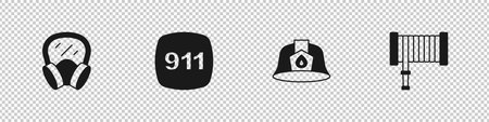 Set Gas mask Emergency call 911 Firefighter helmet and hose reel icon. Vector.のイラスト素材