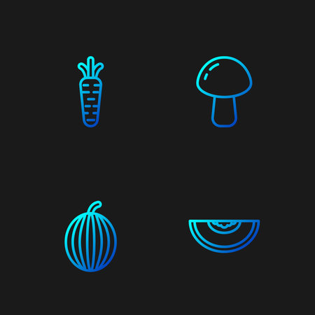 Set line Melon fruit, Watermelon, Carrot and Mushroom. Gradient color icons. Vector.のイラスト素材