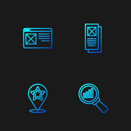 Set line Magnifying glass and analysis, Map pointer with star, Browser window and . Gradient color icons. Vector.のイラスト素材