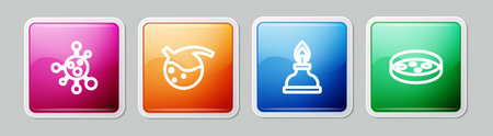 Set line Molecule, Test tube and flask, Alcohol or spirit burner and Petri dish with bacteria. Colorful square button. Vector.のイラスト素材