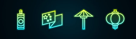 Set line Firework, China flag, Japanese umbrella from the sun and Chinese paper lantern. Glowing neon icon. Vector.のイラスト素材