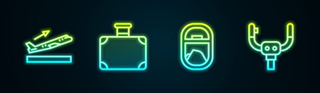 Set line Plane takeoff, Suitcase, Airplane window and Aircraft steering helm. Glowing neon icon. Vector.のイラスト素材