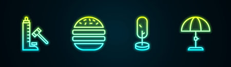 Set line Striker attraction with hammer, Burger, Tree and Sun protective umbrella. Glowing neon icon. Vector.のイラスト素材