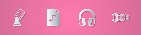 Set paper cut Microphone MP3 file document Headphones and Xylophone icon. Paper art style. Vector.のイラスト素材