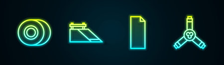 Set line Skateboard wheel, park, Grip tape on skateboard and Y-tool. Glowing neon icon. Vector.のイラスト素材