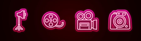 Set line Studio light bulb in softbox Film reel Retro cinema camera and Photo. Glowing neon icon. Vector.のイラスト素材