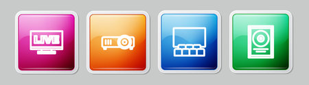 Set line Live stream Movie film media projector Cinema auditorium with screen and CD disk award frame. Colorful square button. Vector.のイラスト素材