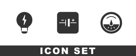 Set Creative lamp light idea DC voltage source and Electric meter icon. Vector.のイラスト素材