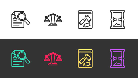 Set line Paper analysis magnifying, Scales of justice, Evidence bag and bullet and Old hourglass on black and white. Vector.のイラスト素材