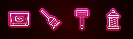 Set line Blade razor, Mop, Shaving and Barber shop pole. Glowing neon icon. Vector.のイラスト素材