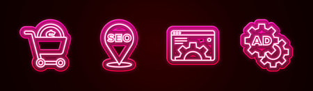 Set line Shopping cart and dollar, SEO optimization, Browser setting and Advertising. Glowing neon icon. Vector.のイラスト素材