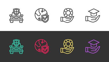 Set line Car insurance Shield with world globe Lifebuoy hand and Education grant on black and white. Vector.のイラスト素材