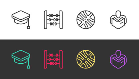 Set line Graduation cap, Abacus, Basketball ball and Man reading book on black and white. Vector.のイラスト素材