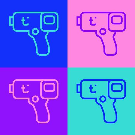 Pop art line Digital contactless thermometer with infrared light icon isolated on color background. Vector.のイラスト素材
