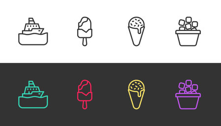 Set line Cruise ship, Ice cream, in waffle cone and bucket on black and white. Vector.のイラスト素材