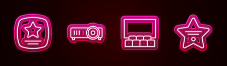 Set line Walk of fame star Movie film media projector Cinema auditorium with screen and . Glowing neon icon. Vector.のイラスト素材