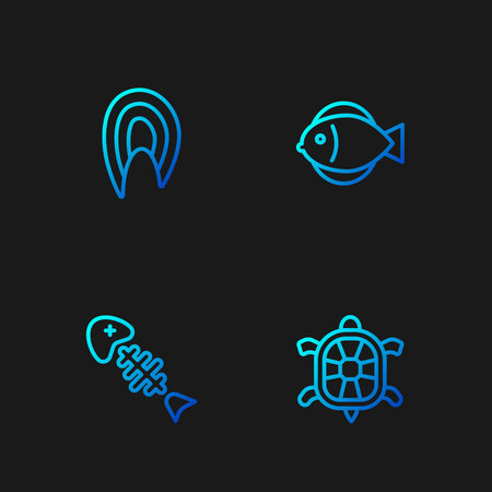 Set line Turtle, Fish skeleton, steak and . Gradient color icons. Vector.のイラスト素材