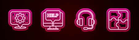 Set line Location with gear, Computer monitor and help, Headphones and Piece of puzzle. Glowing neon icon. Vector.のイラスト素材