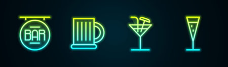 Set line Street signboard with Bar, Wooden beer mug, Cocktail and Glass of champagne. Glowing neon icon. Vector.のイラスト素材