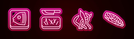 Set line Fish head, Cutting board and knife, Seaweed and steak. Glowing neon icon. Vector.のイラスト素材