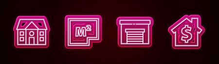 Set line House, plan, Garage and with dollar symbol. Glowing neon icon. Vector.のイラスト素材