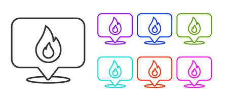 Black line Map pointer with fire flame icon isolated on white background. Fire nearby. Set icons colorful. Vector.のイラスト素材
