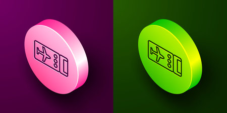 Isometric line Airline ticket icon isolated on purple and green background. Plane ticket. Circle button. Vector.のイラスト素材