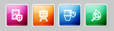 Set line Auction painting ancient vase and hammer. Colorful square button. Vector.のイラスト素材