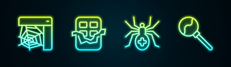 Set line Spider web, Chocolate bar, and Lollipop. Glowing neon icon. Vector.のイラスト素材