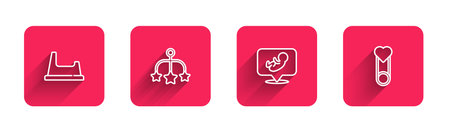 Set line Baby potty, crib hanging toys, and clothes pin with long shadow. Red square button. Vector.