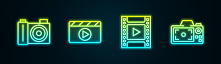 Set line Photo camera Movie clapper Camera film roll cartridge and . Glowing neon icon. Vector.のイラスト素材