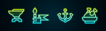 Set line Anvil for blacksmithing Medieval spear Anchor and Roasted turkey chicken. Glowing neon icon. Vector.のイラスト素材