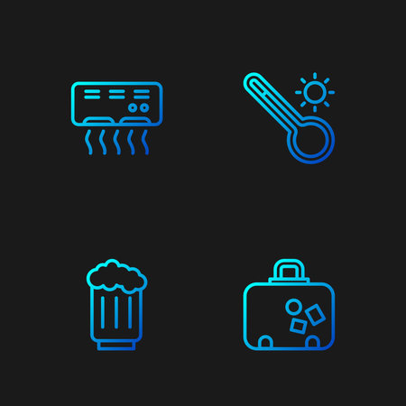Set line Suitcase, Wooden beer mug, Air conditioner and Meteorology thermometer. Gradient color icons. Vector.のイラスト素材