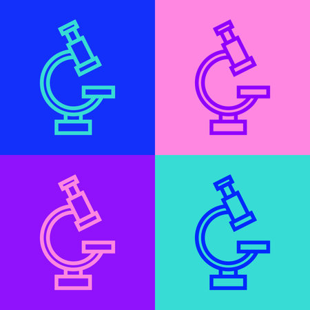 Pop art line Microscope icon isolated on color background. Chemistry, pharmaceutical instrument, microbiology magnifying tool. Vector.のイラスト素材