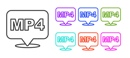 Black line MP4 file document. Download mp4 button icon isolated on white background. MP4 file symbol. Set icons colorful. Vector.のイラスト素材