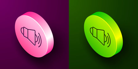 Isometric line Megaphone icon isolated on purple and green background. Speaker sign. Circle button. Vector.のイラスト素材
