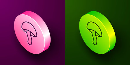 Isometric line Mushroom icon isolated on purple and green background. Circle button. Vector.のイラスト素材