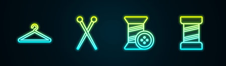 Set line Hanger wardrobe, Knitting needles, Sewing thread and button and . Glowing neon icon. Vector.のイラスト素材