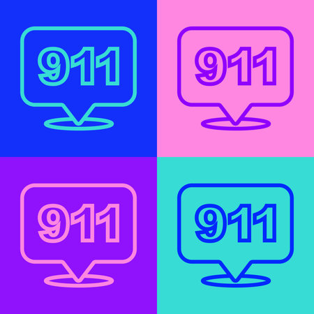 Pop art line Telephone with emergency call 911 icon isolated on color background. Police, ambulance, fire department, call, phone. Vector.のイラスト素材