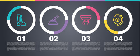 Set line Fire boots hose reel sprinkler system and Ringing alarm bell. Business infographic template. Vector.のイラスト素材