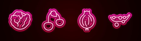 Set line Cabbage Cherry Garlic and Peas. Glowing neon icon. Vector.のイラスト素材