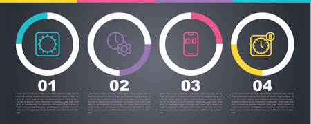 Set line Sun Time management Alarm clock app mobile and . Business infographic template. Vector.のイラスト素材