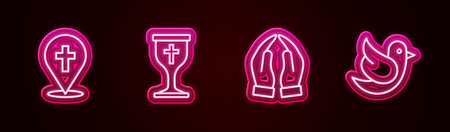 Set line Location church building Christian chalice Hands praying position and Dove. Glowing neon icon. Vector.のイラスト素材